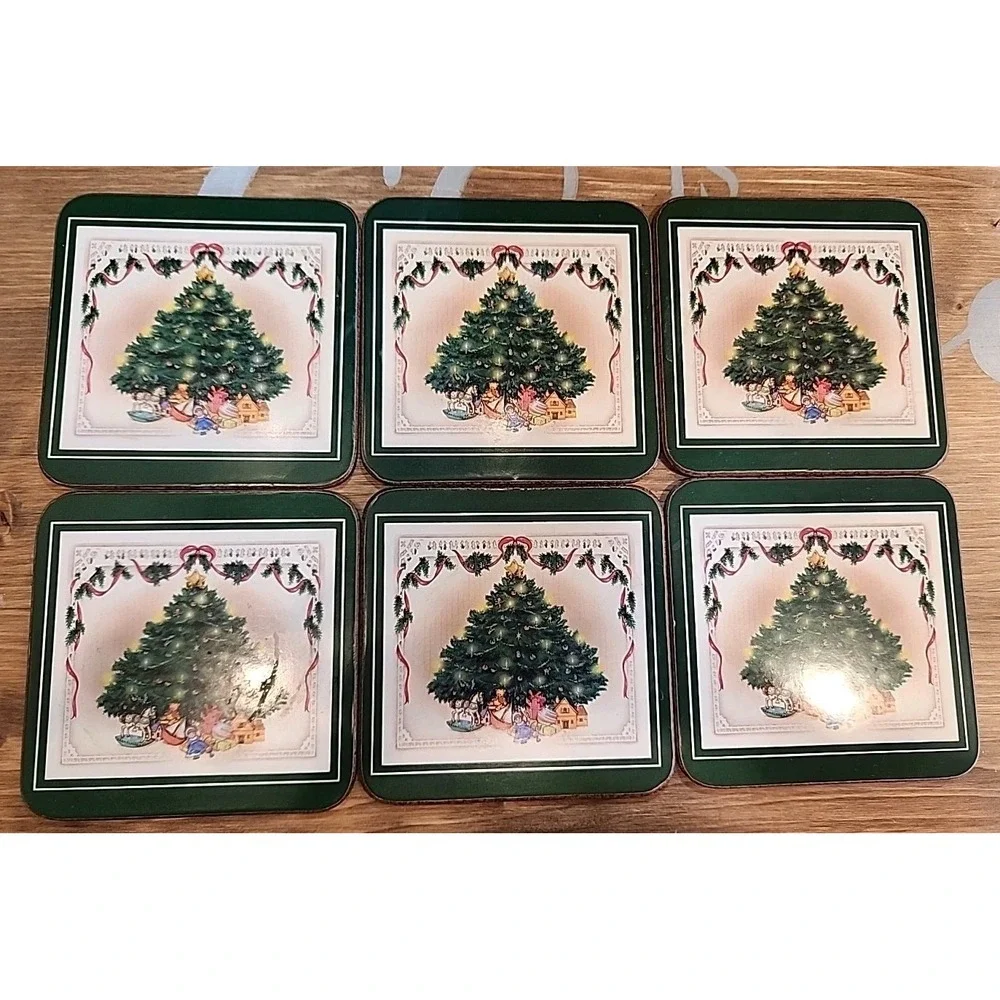 Set Of 6 Victorian Christmas Tree Coasters Cork Back‎ 4